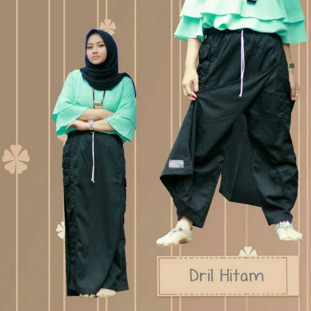 Drill Rok Celana Muslimah Bahan Drill Panjang Warna Hitam Garasi Salwa