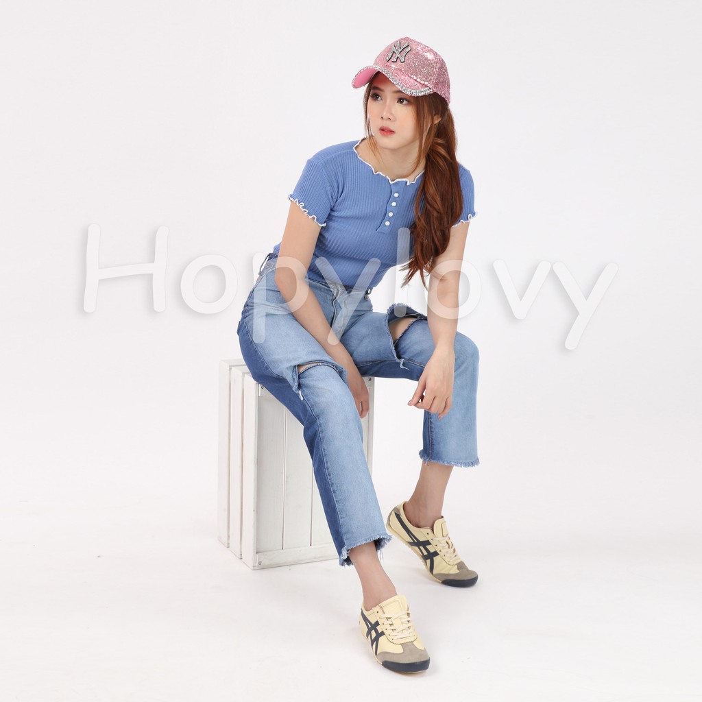 HOPYLOVY - Celana Boyfriend Jeans Wanita Two Tones Model Sambung Bawah Aneira