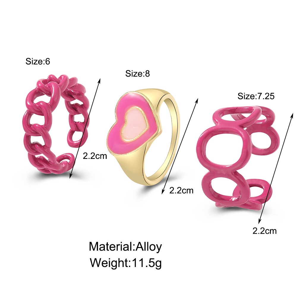 3pcs/set Pink Heart Geometry Rings Set Adjustable Oil Dripping Ins Fashion Ring for Women Jewelry Accessories