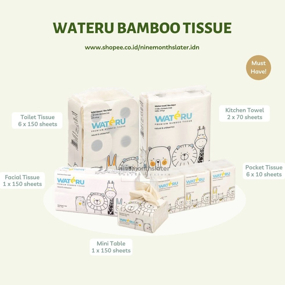 Wateru Bamboo Tissue Facial, Pocket, Pop Up, Mini Table 100 150 6x10 Tisu Bambu Anti Bacterial Eco