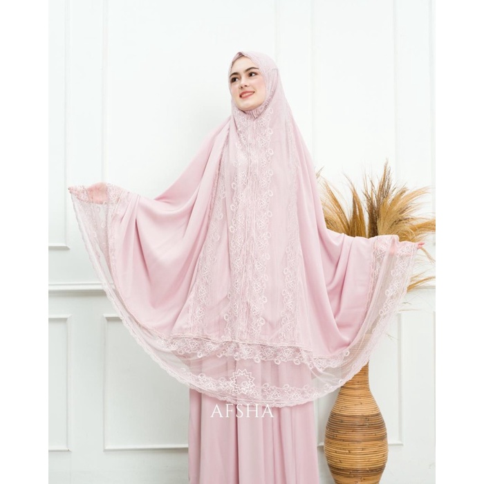 Jual Mukena Renda Zara Silk Premium Pouch Dan Sajadah Afsha Hampers - Pink Rose