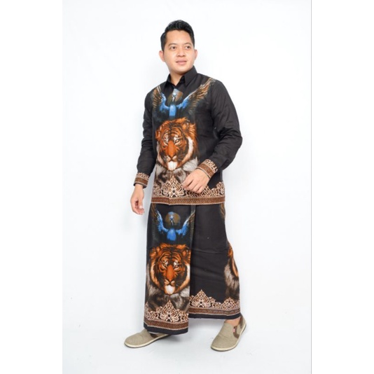 Setelan Sarung Celana Pria Dewasa Kombinasi Kemeja Batik Lengan Panjang Pendek Baju Cowok Modern Kek