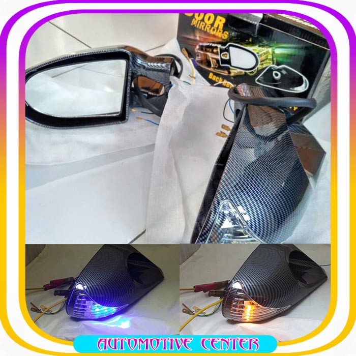 Kaca Spion Mobil electric Otomatis Carbon Racing + lampu Sein Yellow Blue Cocok Untuk Semua Mobil