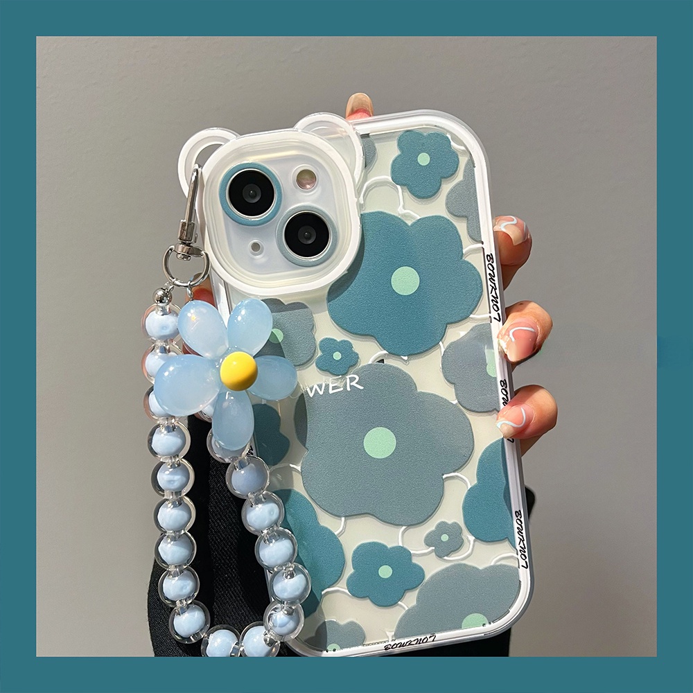 Soft Case Silikon Motif Bunga / Beruang Untuk Compatible for iPhone 14 13 12 11 Pro Max X Xr Xs Max SE 2020 8 7 6 6s Plus handphone Case murah Blue-gray Flower Phone Case Bear Ears All-inclusive Lens Clear Silicone Shockproof Phone Back ChainCasing Cover