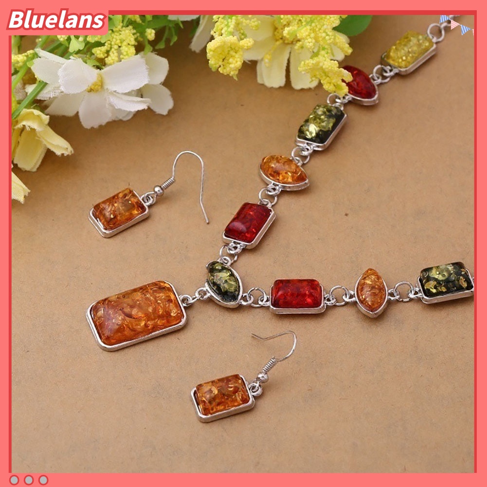 Bluelans Square Oval Amber African Style Women Necklace Hook Earrings Party Jewelry Set