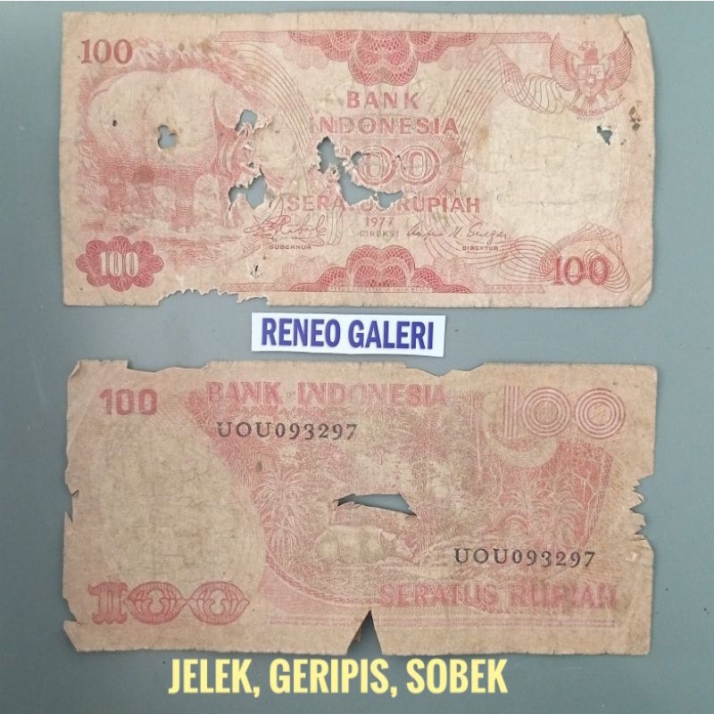 Geripis Sobek Asli Rp 100 Rupiah tahun 1977 gambar Badak Uang lama duit kuno jadul lawas lama asli merah Indonesia Original