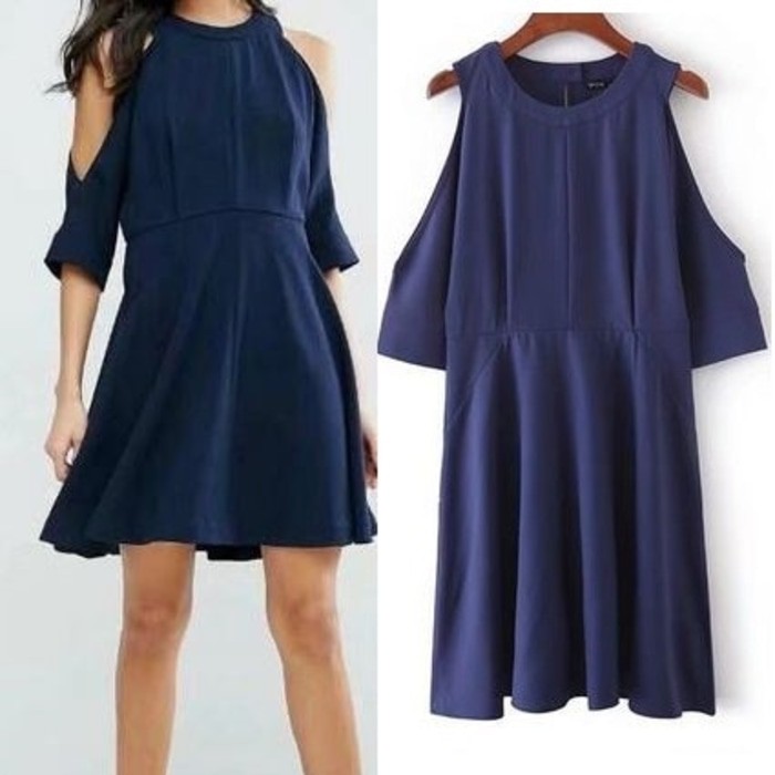 IMPORT blue Halter Cut Out Sabrina Flare Dress Mini Biru Navy Pesta