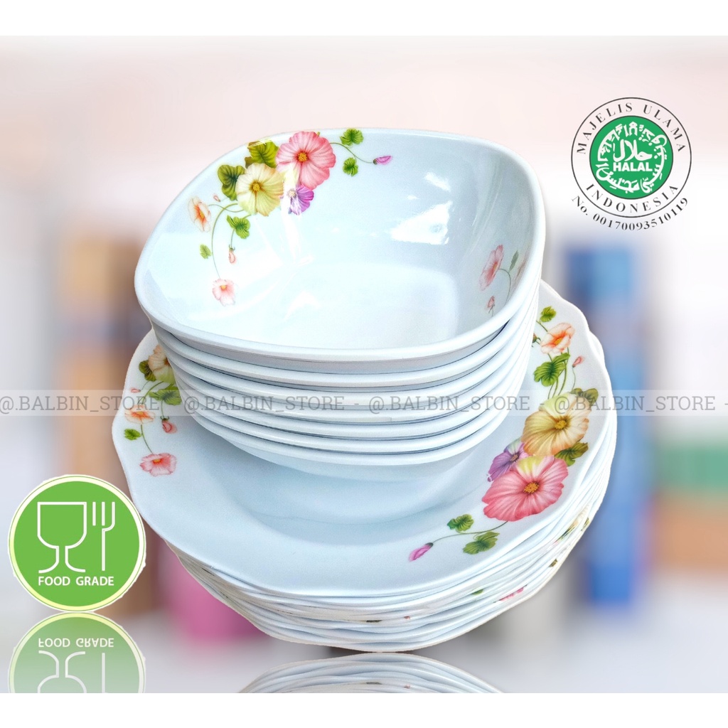 BALBIN STORE | SATU PAKET ISI 1.PIRING MELAMIN 9. DAN 1. MANGKUK MELAMIN 6.INC / PIRING SET MANGKUK MELAMINE MOTIF BUNGA / PIRING MELAMIN ASLI TEBAL