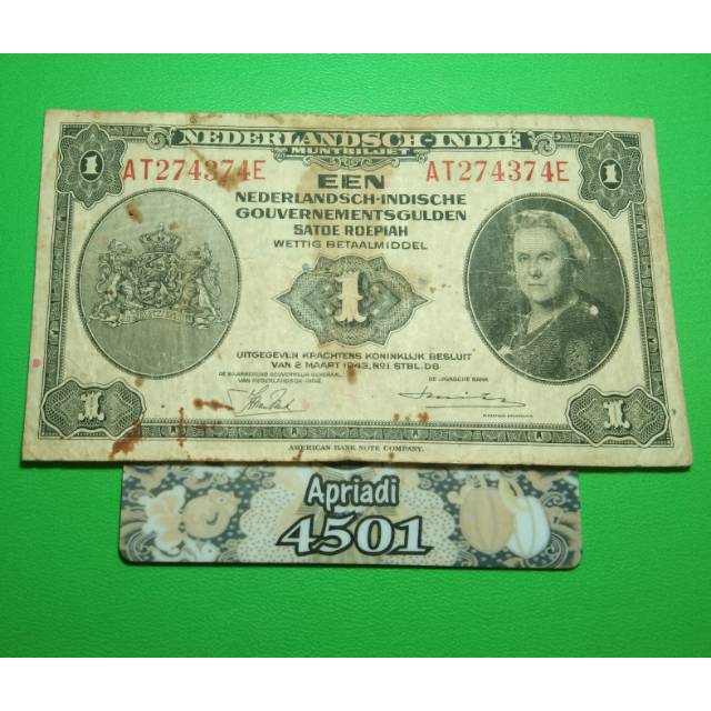 UK179 UANG KUNO ASLI 1 RUPIAH SERI NICA TAHUN 1943 KOLEKSI UANG KERTAS LAMA INDONESIA BELANDA #VF