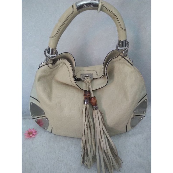 TAS GUCCI INDY BAMBOO GUCCISSIMA IVORY /WHITE LEATHER HOBO BAG PRELOVED