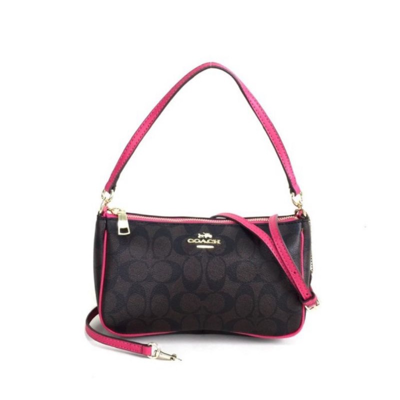 COACH SIGNATURE TOP HANDLE POUCH DARK BROWN LIST PINK(C36674)