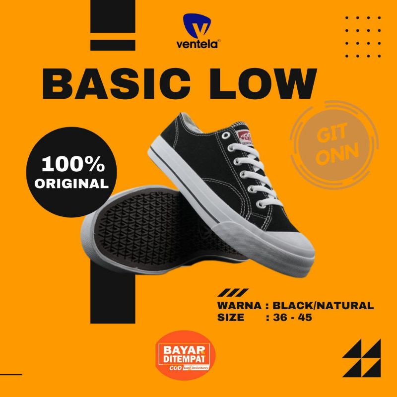 SEPATU VENTELA BASIC LOW PRIA WANITA SEPATU LOKAL KUALITAS TERBAIK DIJAMIN ORI 100% BLACK NATURAL