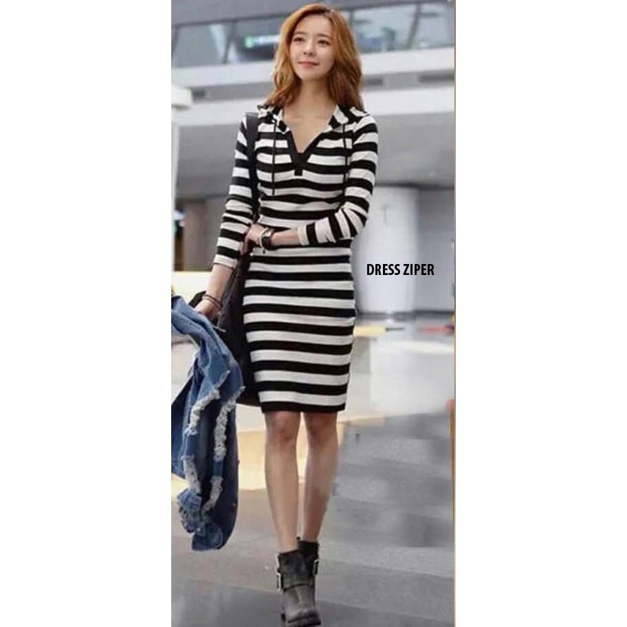 [Dress hoodie ziper RO] Dress wanita stripe salur hitam