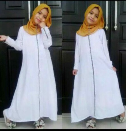 abaya ziper mata anak warna putih
