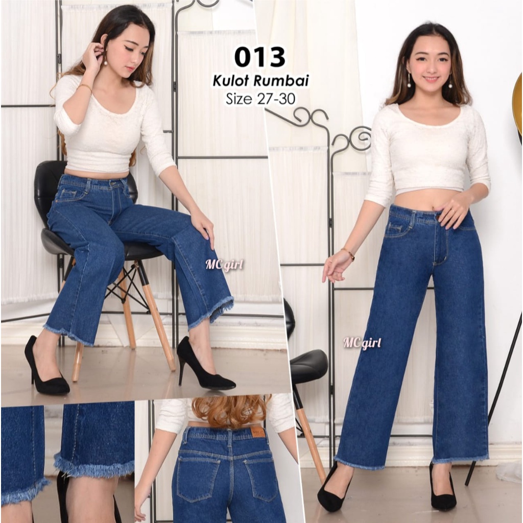 MC girl - Celana Jeans Premium Kulot Panjang Rawis Warna Biru Tua Wanita / Kulot Boyfriend Lepis Rumbai Colour Dark Blue