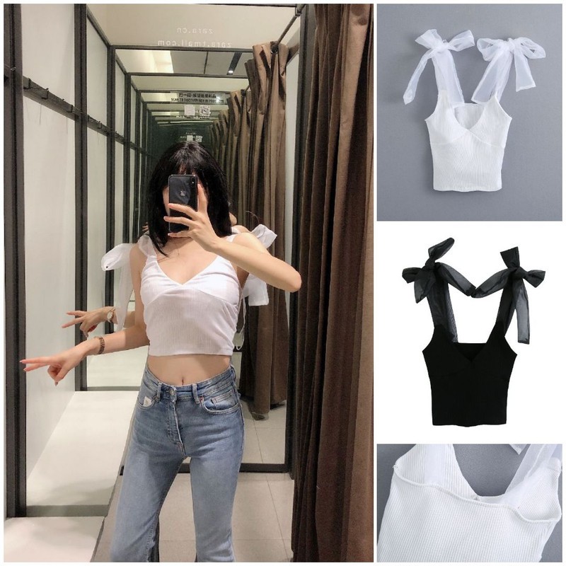 57673 Black White Organza Tank Top / Tank Top Pesta Hitam Putih