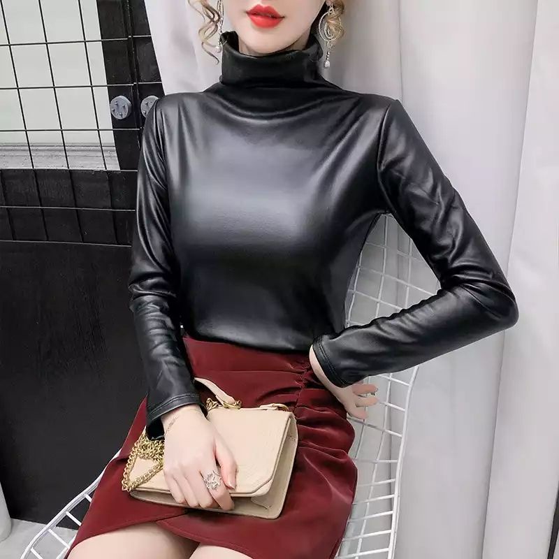 Kemeja Kulit Musim Gugur Musim Dingin Blus Hangat Wanita Atasan Lengan Panjang Kulit PU Skinny Elastis Mujer Ukuran Besar 3XL 4XL Baju Wanita