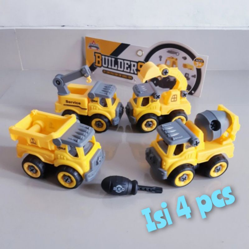 Mainan DIY Set Kontruksi Isi 4 Pcs - Miniatur Mobil Truk Anak Diecast