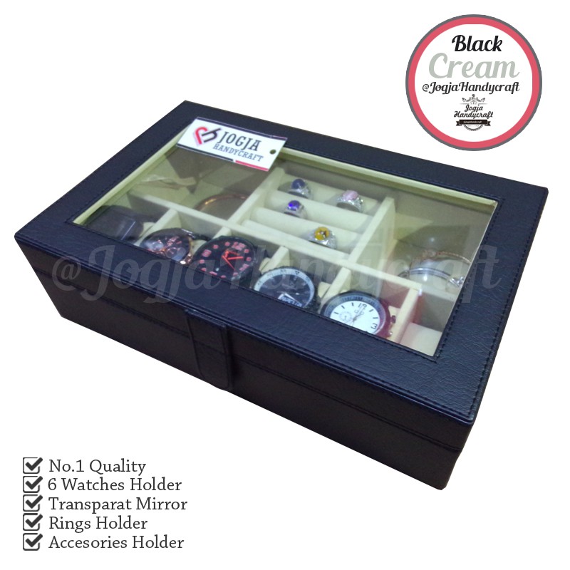 Black Cream Watch Box Mix Accesories Holder | Kotak Jam Tangan dan perhiasan (Kualitas Super)