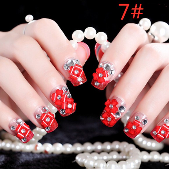 【COD】FLID 24Pcs Kuku Palsu French Nail Art Akrilik Kristal Berlian Imitasi Warna Merah