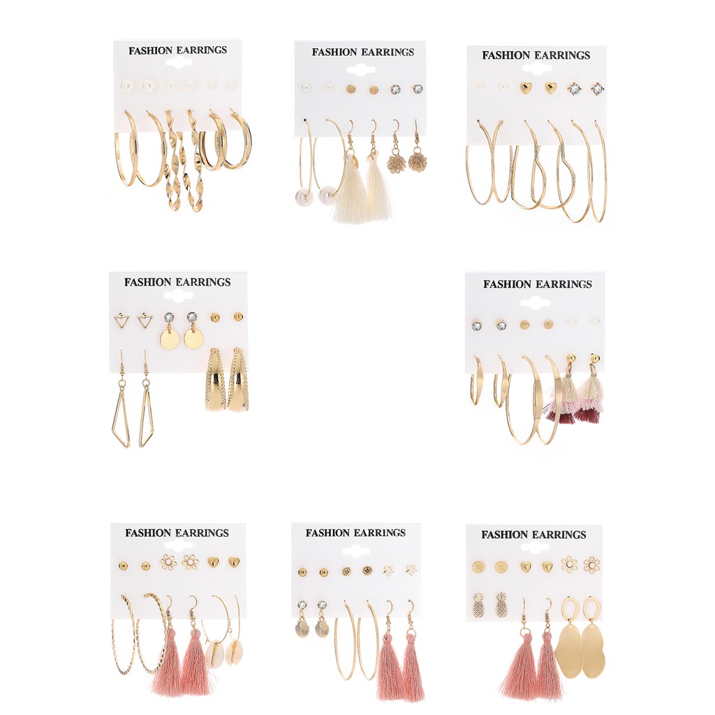 Pengiriman Lokal 12 pcs / Set Anting Hoop Earring 8 Styles Mini Round Shell Cotton Tassel Anting