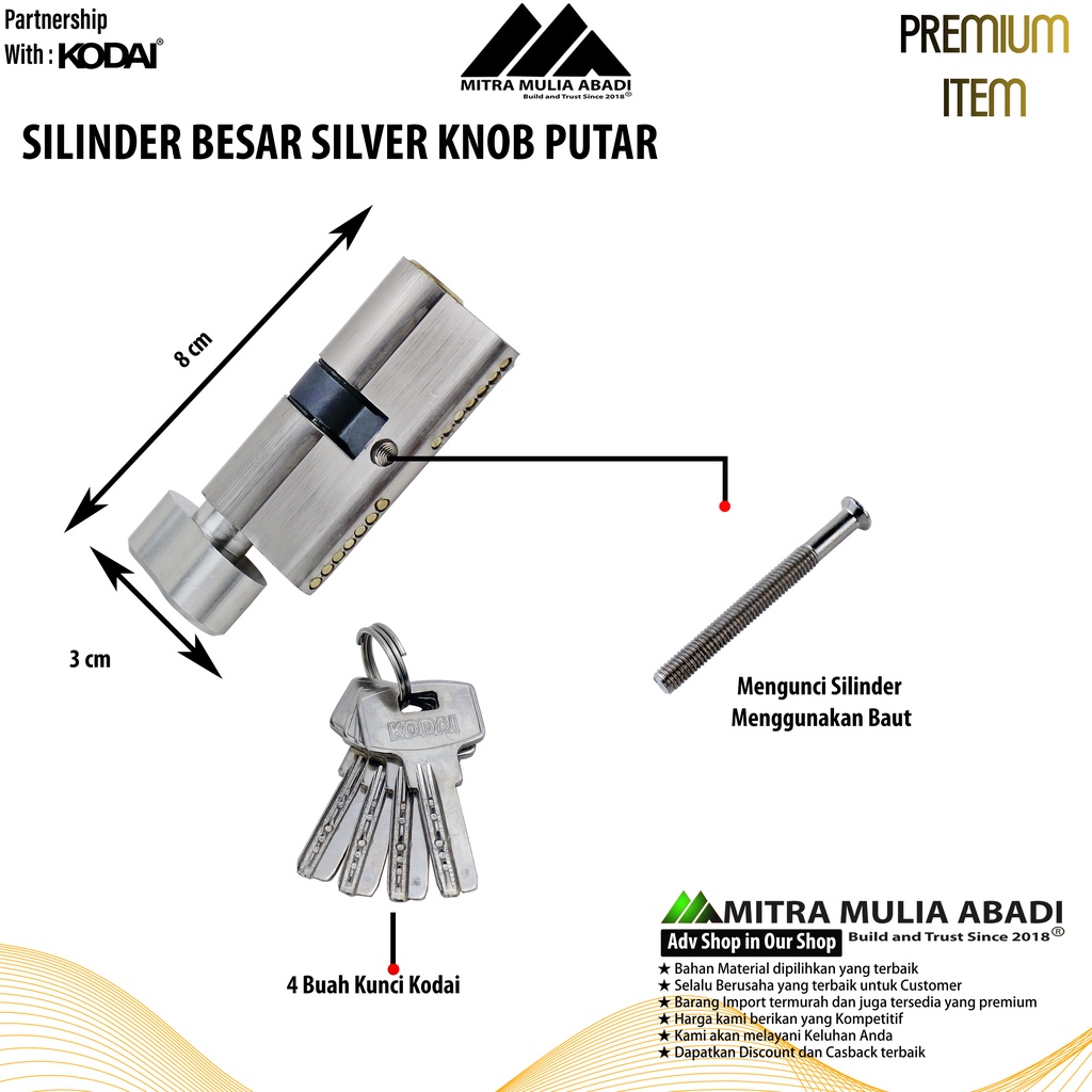 Silinder Besar Knob Putar 60 mm I By KODAI TK - 02 I Anak Lubang Kunci Pintu Tanggung