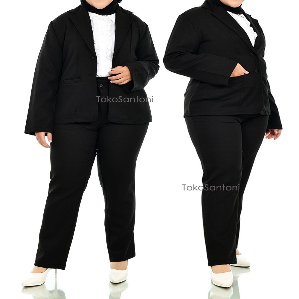 One Set Blazer Polos Jumbo Dan Celana Kantor Jumbo Wanita Warna Hitam Kekinian