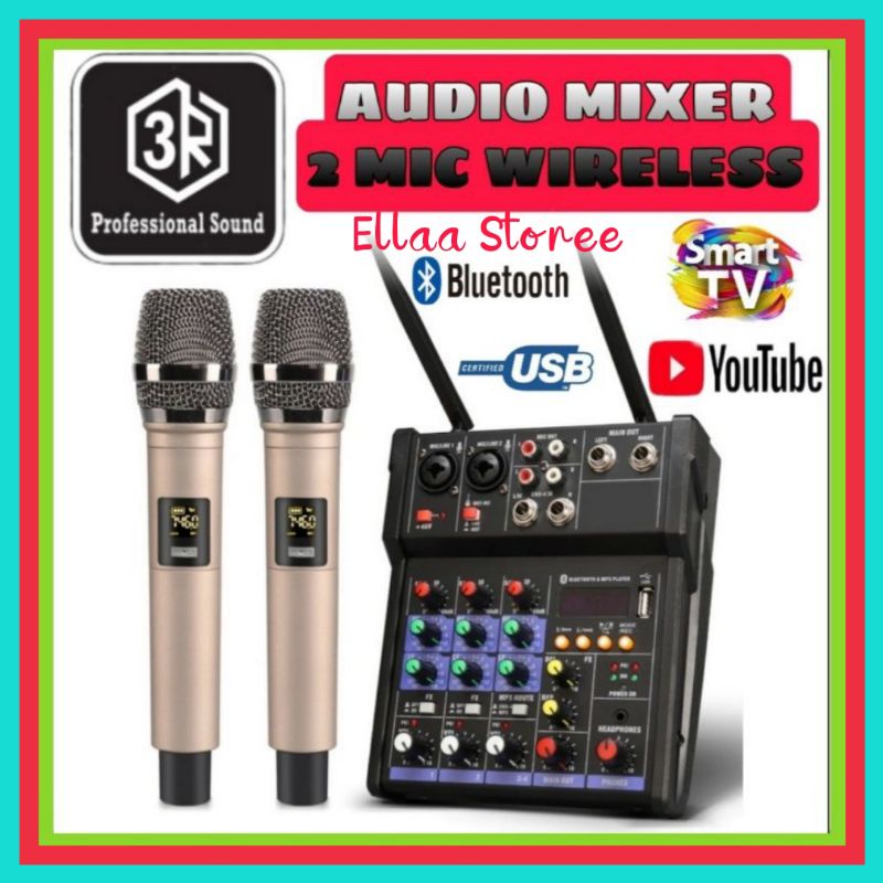 Audio Mixer Professional Sound 3R Mixer 4 Channel Bluetooth 2 Mic Wireless
