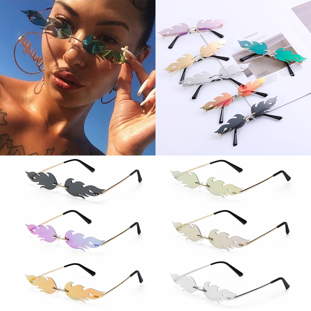 ROW UV 400 Fashion Sunglasses Trending Wave Sun Glasses Fire Flame Streetwear Women Men Narrow Sunglasses Eyewear Rimless