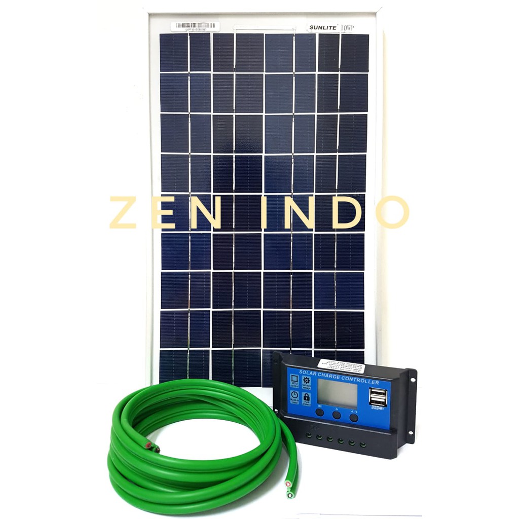 Paket Hemat Solar Panel Surya 10 WP 10 Watt, Solar Controller 10A Dual USB &amp; Kabel Solar 2 Meter