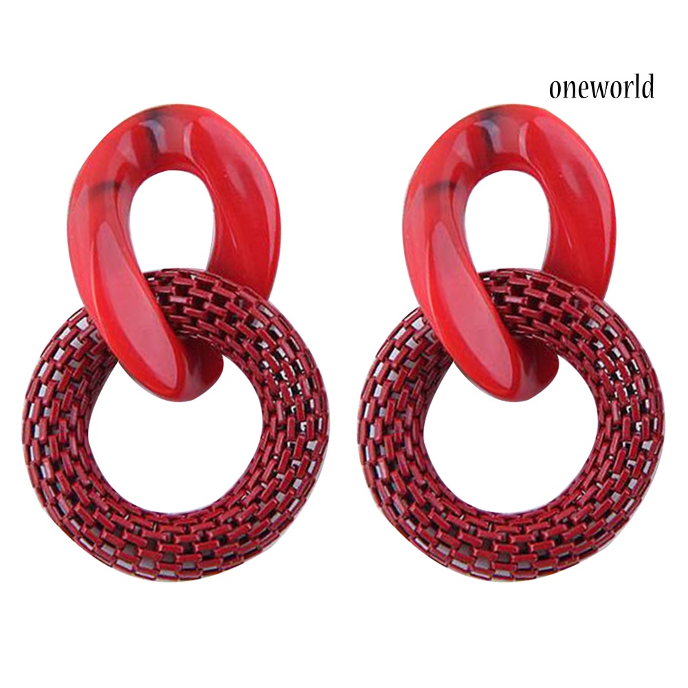 OW@ Women Fashion Acrylic Mesh Linked Circle Pendant Stud Earrings Party Jewelry