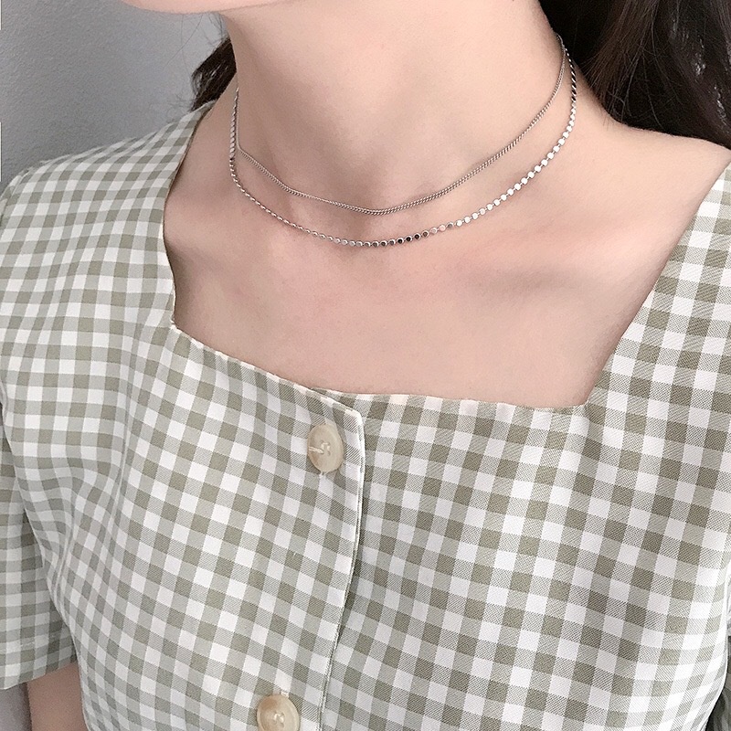 Ins gaya retro double layer twin datar manik-manik kalung pendek wanita gaya Korea desain minimalis