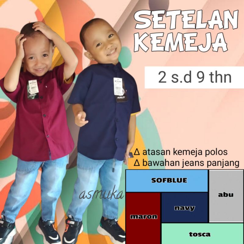 setelan anak laki kemeja polos pendek celana jeans panjang