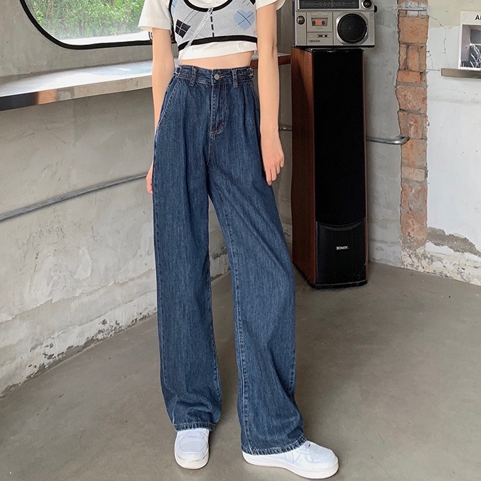 celana jeans highwaist wanita yang dapat disesuaika boyfriend pants korea style loose celana kaki lebar lurus