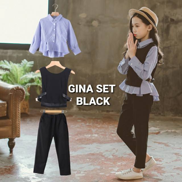 GINA SET / SETELAN KEMEJA PUTIH JEANS ANAK PEREMPUAN IMPORT KOREA MURAH KEREN BAGUS