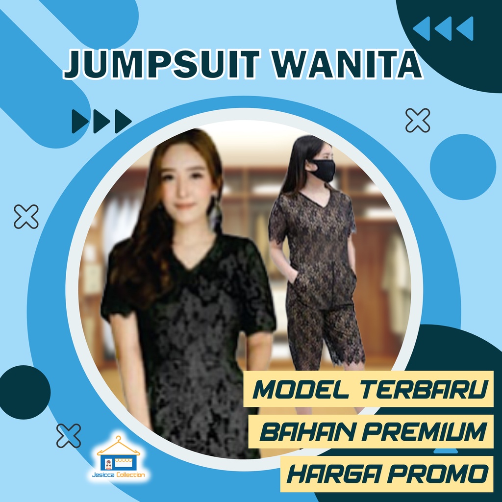 Jumpsuit Baju Pakaian Atasan Terusan Outer Wanita Murah Perempuan Kekinian Polos Brokat Black Hitam