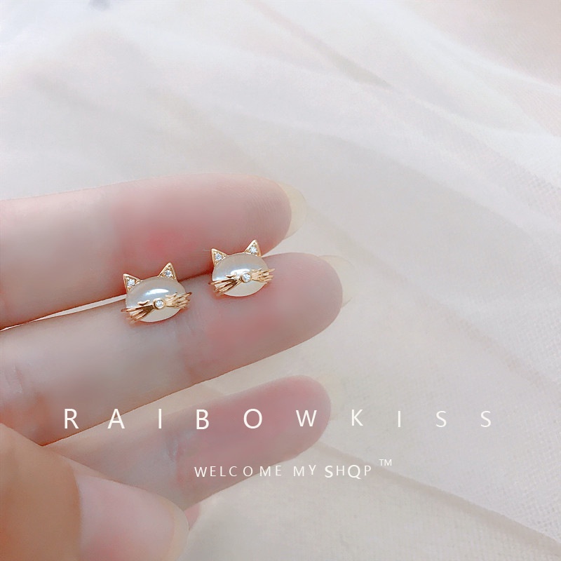 Anting Tusuk Motif Kucing Bahan Alloy Hias Batu Opal Imitasi Untuk Wanita