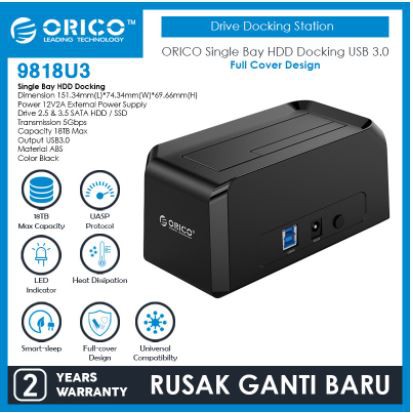 Docking ssd harddisk hdd orico 1 slot 2.5 3.5 inch sata Usb 3.0 5Gbps adapter 9818u3 9818-u3 - hard disk drive dock