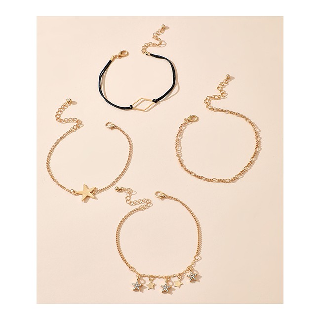 LRC Gelang Kaki Fashion Gold Color Diamond-studded Geometric Five-pointed Star Anklet Set P14836