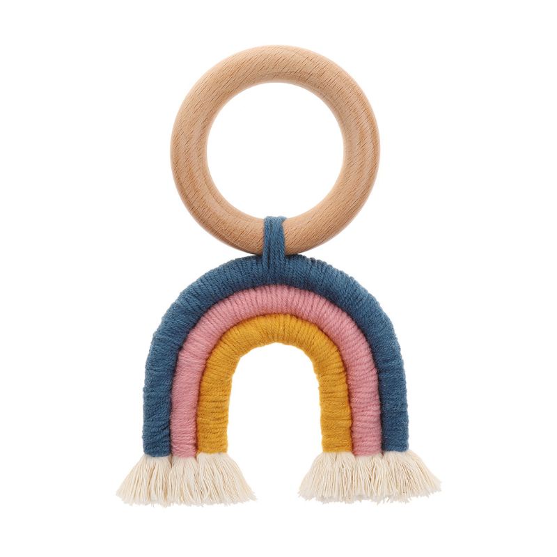 Mary Mainan Teether Ring Kayu Macrame Rumbai Warna Pelangi Untuk Dekorasi Stroller Bayi