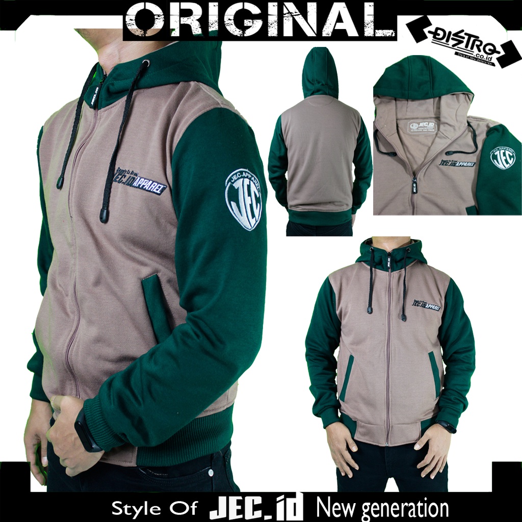 Jaket Sweater Hoodie Mocca Combi Hijau Botol Zipper Jec Apparel Premium