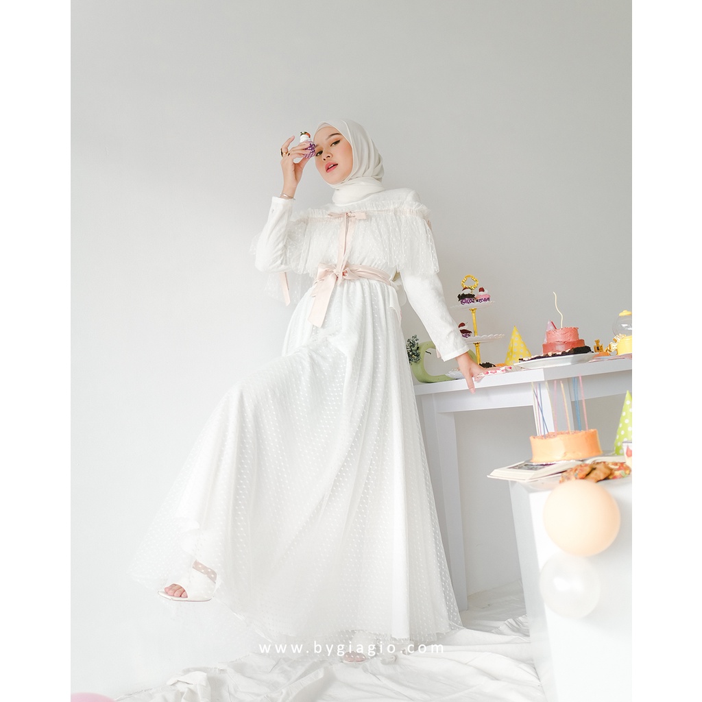 DIANA DRESS BYGIAGIO gaun kondangan dress akad simple gaun wedding pernikahan baju muslim putih dress lamaran elegan pakaian wanita pesta elegan fashion korea dres lebaran cantik anggun mewah nyaman gaun vintage fashion dress bahan tulle dotty pita furing