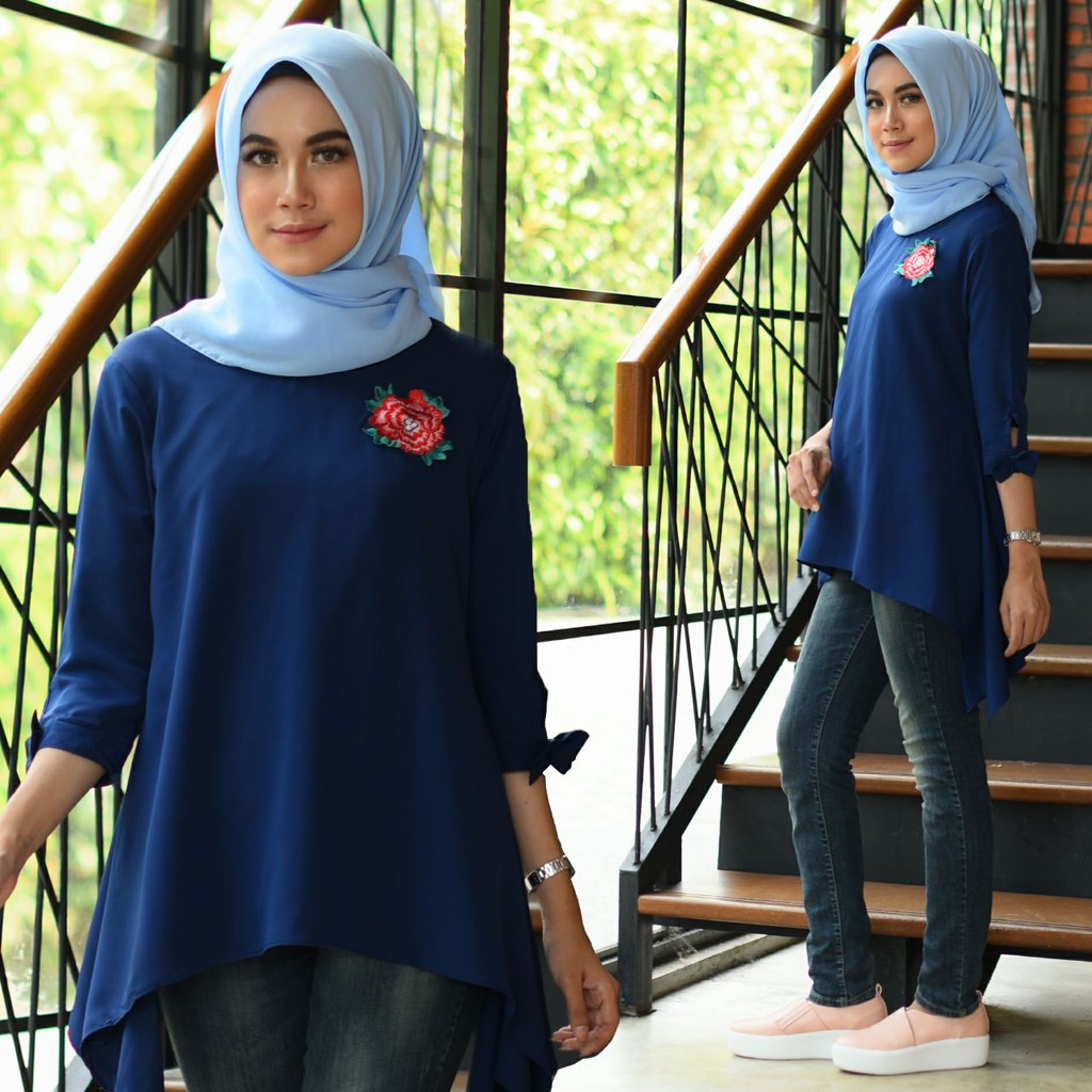 [Blouse Larista Var Warna SW] Blouse Wanita Wolly Crepe Navy/Mocca