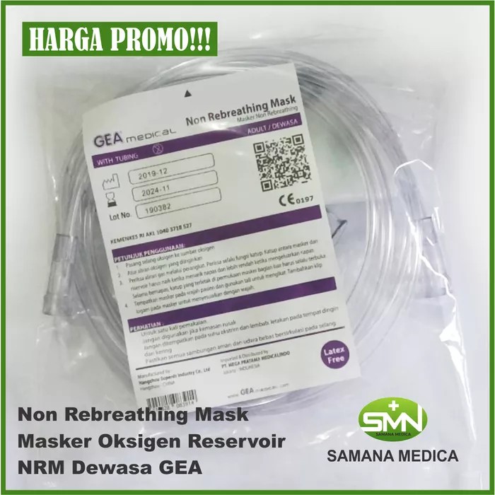 Non Rebreathing Mask / Masker Oksigen Reservoir / NRM Dewasa &amp; Anak GEA