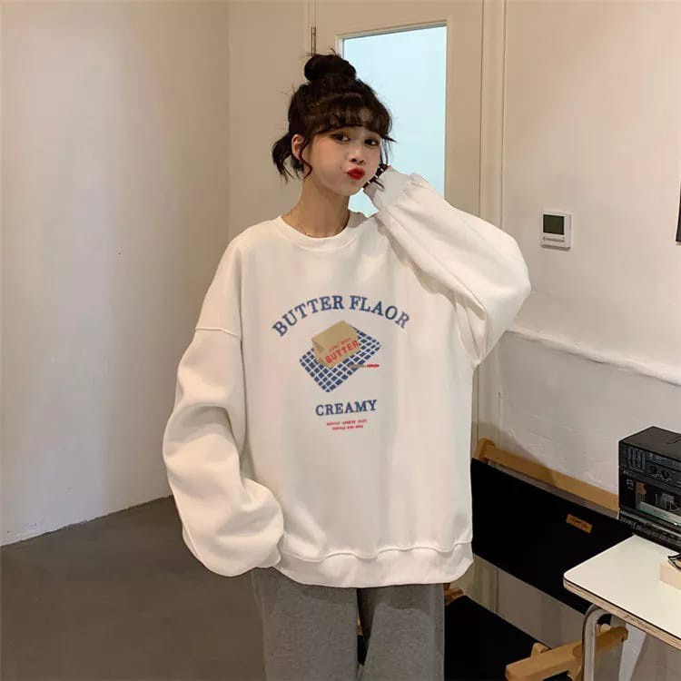 BUTTER FLAOR SWEATER WANITA CREWNECK BAHAN BABYTERRY