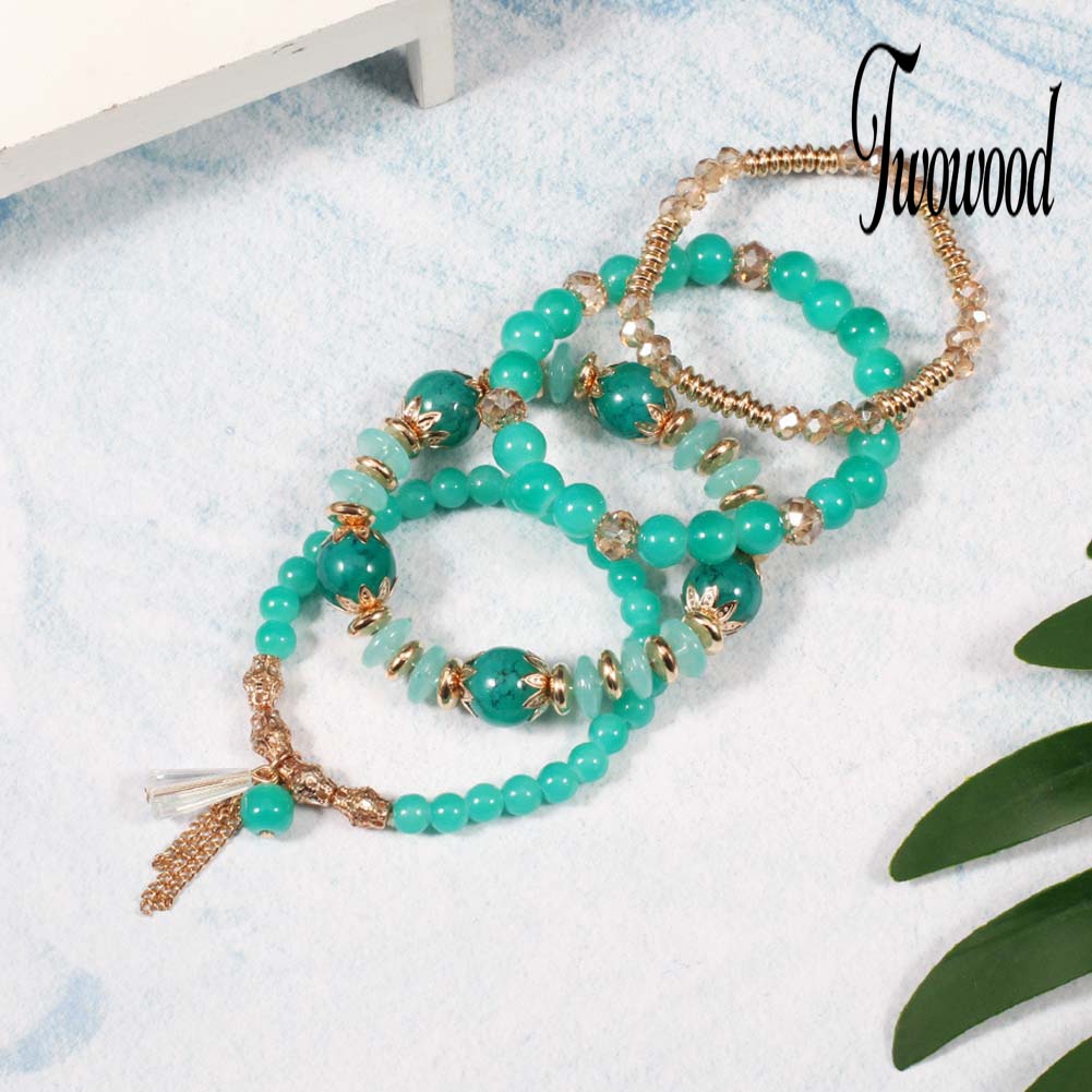 4pcs / Set Gelang Rantai Manik-Manik Mutiara Batu Akik Palsu Gaya Boho Untuk Wanita