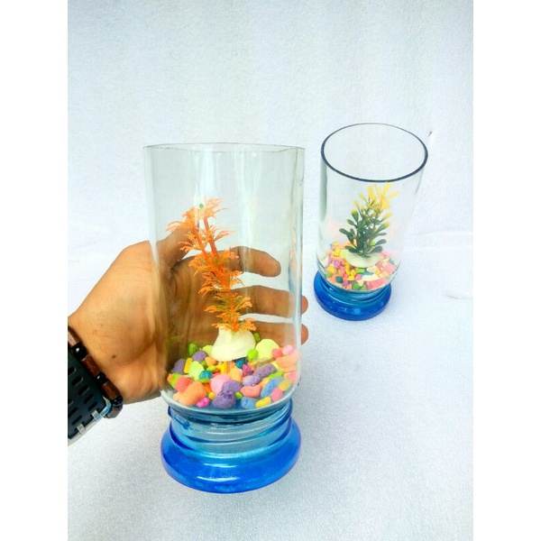 Akuarium ikan cupang satu set batu hiasan dan tanaman hias aquarium tabung satu set tank kaca bulat 