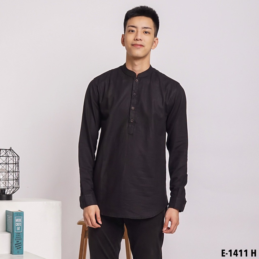 Kemeja pria lengan panjang kerah koko hitam | kemeja koko lengan panjang hitam