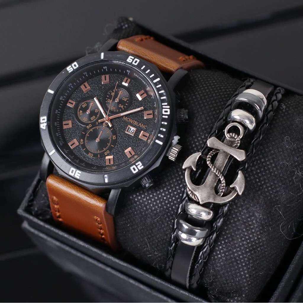 READYSTOKJam Tangan Pria Montblanc Kulit Plus Gelang Faishion Random Semi Super