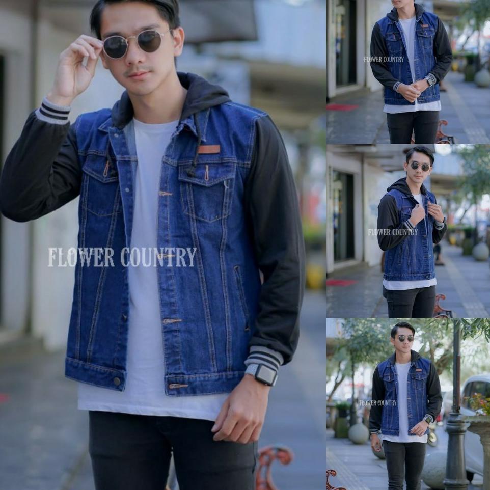 MGG.642159 ◦  JACKET JEANS DENIM REGLAN PRIA JAKET JEANS BOY HOODIE KOMBINASI FLEECE BIG SIZE L XL X
